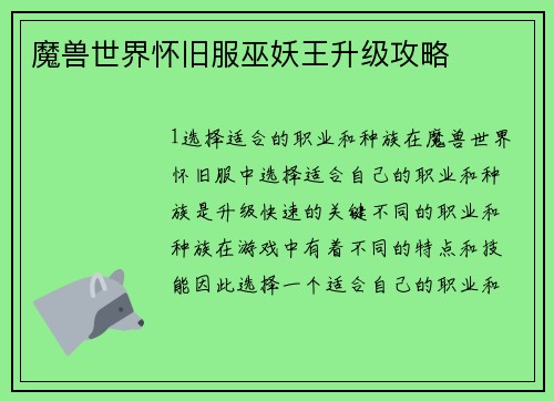 魔兽世界怀旧服巫妖王升级攻略