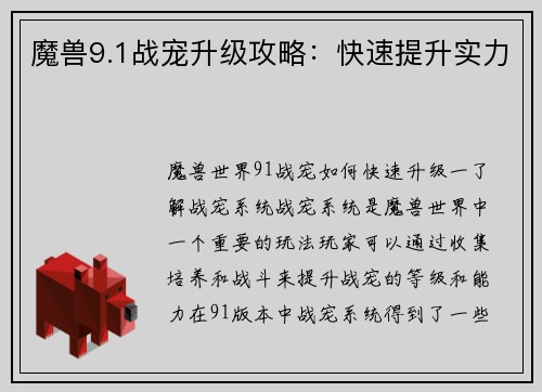 魔兽9.1战宠升级攻略：快速提升实力